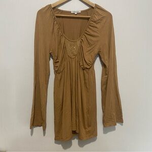 Vertigo Paris Brown Tunic Top Dress Women’s L Long Sleeve Scoop Neck Embellished